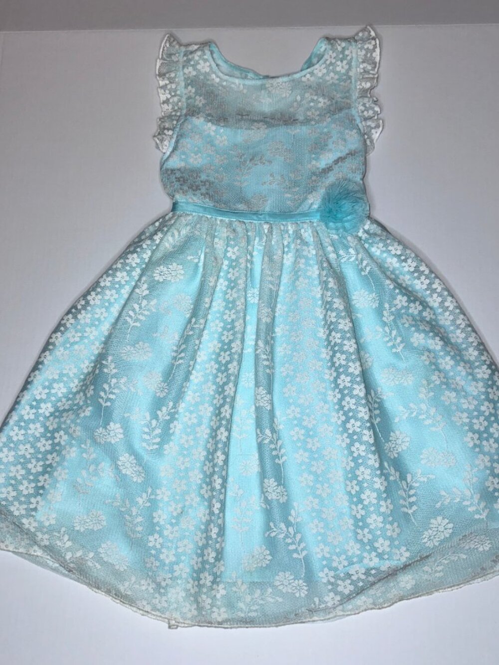 JONA MICHELLE Girls Lace Formal Pale Aqua & White Dress Size 7 3D FLOWER